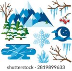 A collection of winter nature vector elements isolated on a white background. Features snow-capped mountains, evergreen pine trees, frozen bare branches with icicles, winter berries, large snowflake, night sky with crescent moon, frozen lake, and ice crystals.