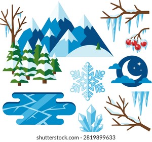 A collection of winter nature vector elements isolated on a white background. Features snow-capped mountains, evergreen pine trees, frozen bare branches with icicles, winter berries, large snowflake, night sky with crescent moon, frozen lake, and ice crystals.