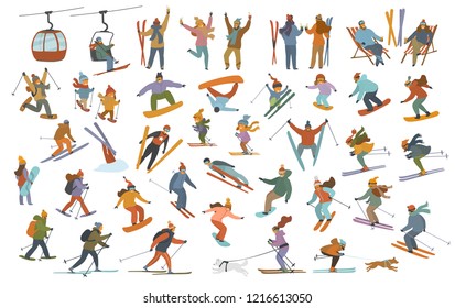 collection of winter people, men women cute children downhill skiing, snowboarding, cross-country skiers, skijoring, jumping, snowshoeing, having party at resort cartoon vector illustration scenes set