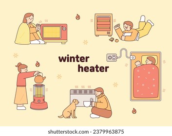 Colección de invierno y gente usando calentadores. ilustración simple del vector de esquema.