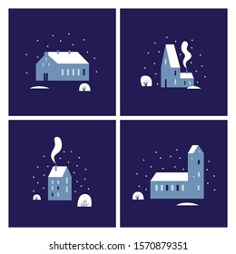 Collection of winter pictures with snowy houses. Template Christmas invitation cards, flyers. Design elements for greeting banners and posters. Happy New Year holidays. Vector seasonal illustration.