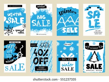 Collection of winter sale banners, vector illustration. Hand drawn vintage and modern placard set with lettering. For promotional material, website and mobile banners, newsletter and ads