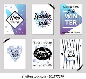 Collection of winter sale and other typography flyer template with lettering. Bright fall leaves. Poster, card, label, banner design set.