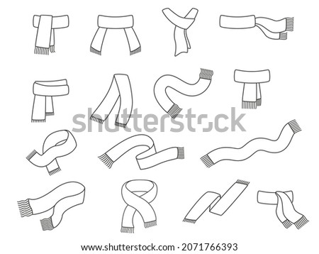 Collection of winter scarfs. Vector line illustration isolated on white background