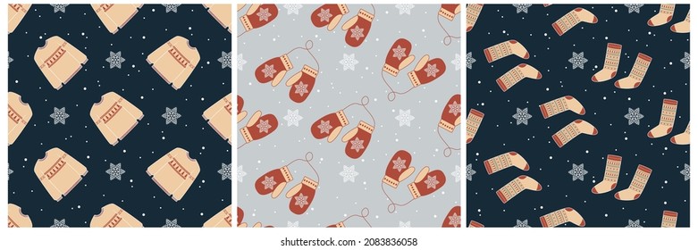 Collection of winter seamless patterns with cute sweaters, mittens, socks and snowflakes. Vector illustration