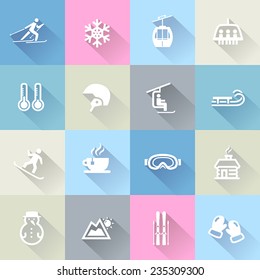 Collection of winter ski icons in modern flat design style.