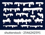 Collection of winter snow caps, snowdrifts and icicles in simple flat style. Hand drawn snow shape on dark background