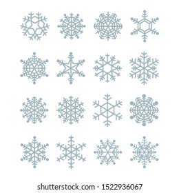 Collection of winter snowflakes. Vector icons for christmas and new year illustrations. Graphic modern light blue crystal
