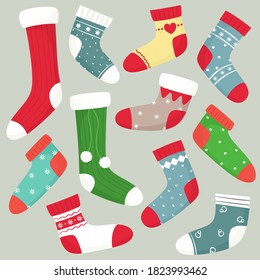 Collection of winter socks. Christmas socks. Flat isolated vectors.