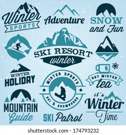 Collection of Winter Sports Badges and Labels. Vector Design Elements in Vintage Style