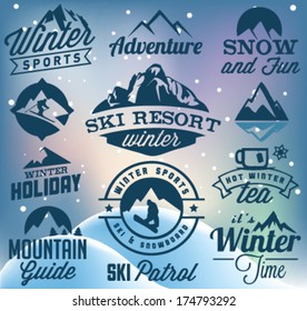 Collection of Winter Sports Badges and Labels. Vector Design Elements in Vintage Style