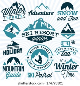 Collection of Winter Sports Badges and Labels. Vector Design Elements in Vintage Style