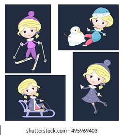 collection of winter sports cartoon girl