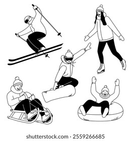 Collection of winter sports. Winter rest. Line illustration