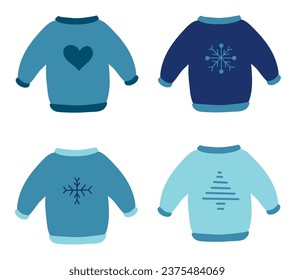 Collection of winter sweaters with different designs. Vector flat illustration.