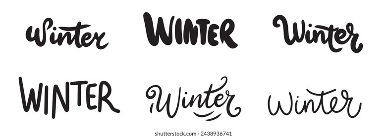 Collection of Winter text banner isolated on transparent background. Hand drawn vector art