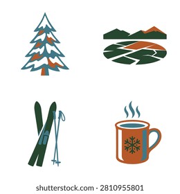 A collection of winter themed icons featuring a pine tree mountain landscape skis and a hot drink mug.