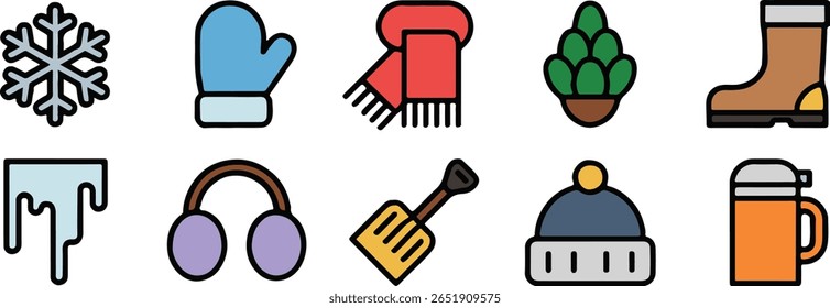 Uma coleção de ícones temáticos de inverno, incluindo um floco de neve, mitten, cachecol, pinecone, bota, ciclo, protetores de ouvido, pá, gorro e térmicas.