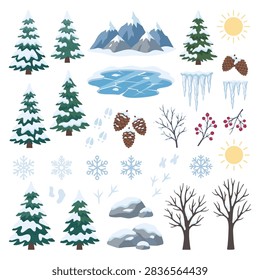 A collection of winter themed vector elements including snowy pine trees, mountains, frozen lake, icicles, pinecones, snowflakes, sun, and bare trees.