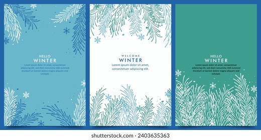 Colección Fondo de diseño vectorial invernal con ramas de pino y plantilla de diseño de temas copos de nieve. tarjeta, cartel, afiche, medios sociales, fondo de promoción