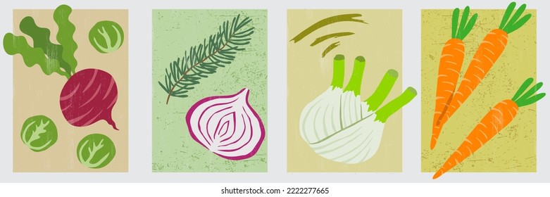 A collection of winter vegetables: beetroot, Brussels sprouts, red onion, rosemary, fennel, and carrots. Use them and re-arrange them as you like for your own composition.