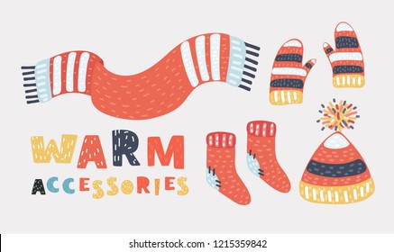 Collection of winter warm clothes. Clothing for cold weather: knitted hat, socks, scarf, gloves. Vector cartoon illustration in modern concept