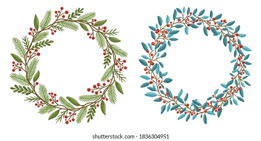 Collection of winter wreaths with berries. Modern design for Holidays invitation card, poster, banner, greeting card, postcard, packaging, print. Vector illustration.