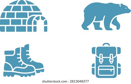 A collection of winter-themed icons including an igloo, bear, hiking boots, and backpack