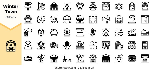 A collection of winter-themed icons, including snowflakes, houses, trees, and festive elements, depicting a charming winter town atmosphere.