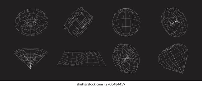 Colección de Formas geométricas de wireframe 3D. Conjunto de Elementos de diseño de estilo futurista retro. Vector