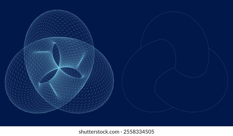 Collection of wireframe and contour lowpoly 3d geometric shapes, torus knots. Surreal linear figures. Techno futuristic, science, cyberpunk, style design elements set. Vector illustration