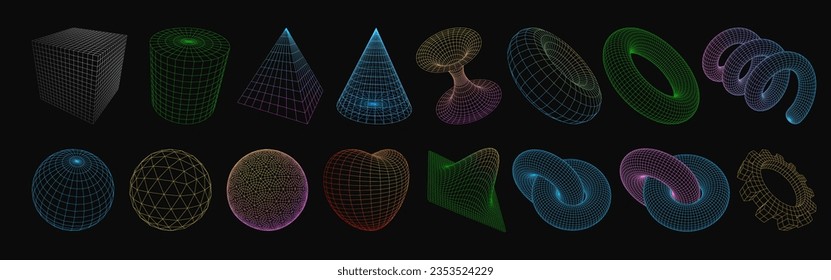 Colección de formas geométricas de 3d y baja polilla de alambre, sólidos platónicos. Cifras lineales surrealistas. Diseño retro futurista, ciberpunk, psicodélico. Vista de perspectiva. Ilustración del vector