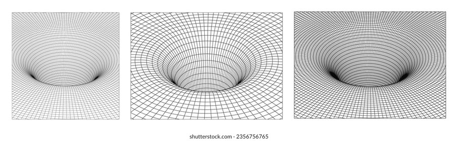 Collection of wireframe lowpoly 3d geometric funnel, wormhole with surface warp. Surreal space travel tunnel. Techno futuristic, science, cyberpunk style backgrounds set. Vector illustration