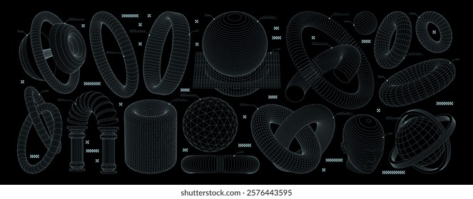 Collection wireframe shapes. High and low poly torus, 3D geometric shapes. Vector blanks for a poster, banner, business card, sticker