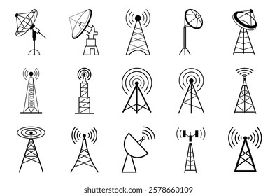 Collection of Wireless Communication Tower,Cell Tower,Tv Tower,Antenna Pole,Telecom Tower, Vector Art illustration