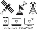 Collection of wireless satellite technology vector icons. Antenna, satellite and satellite dish icons on white background. Vector illustration