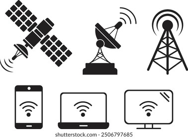 Collection of wireless satellite technology vector icons. Antenna, satellite and satellite dish icons on white background. Vector illustration