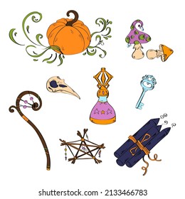 Collection witch amulets, ritual objects, halloween objects. Hand drawin vector illustration isolated on white