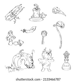 Collection witch amulets, ritual objects, halloween objects. Hand drawin outlined vector illustration isolated on white