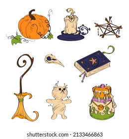 Collection witch amulets, ritual objects, halloween objects. Hand drawin vector illustration isolated on white