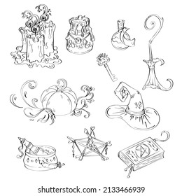 Collection witch amulets, ritual objects, halloween objects. Hand drawin outlined vector illustration isolated on white