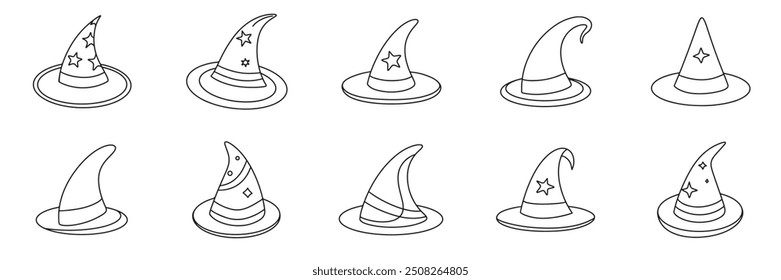 Collection of witch cap in doodle style. Hand drawn vector art.