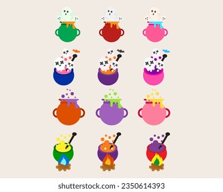 Collection Witch cauldron with bubbles on halloween.set of cauldron halloween.