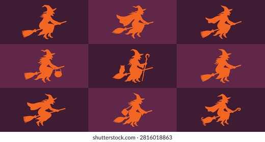 Collection of witch characters flying on brooms in grid frame with halloween