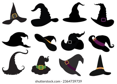 Collection of witch hats graphic elements design on white background.