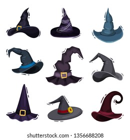 Collection of witch hats on white background.