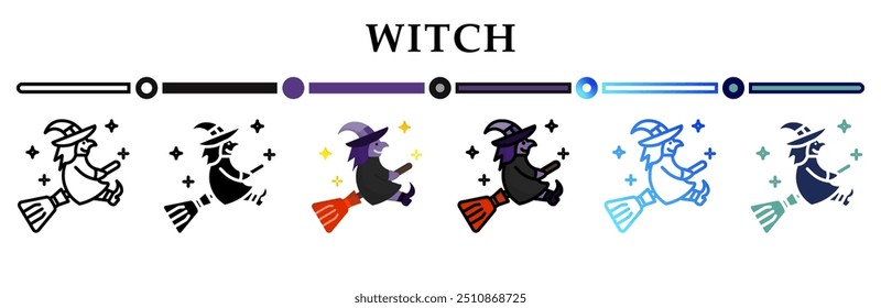 Collection of witch icons in variety of styles. Representing halloween festive or spooky themes. Witch flying on sky with broomstick. Happy Halloween. 