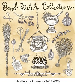 Collection with witch objects for Halloween - magic pot, herbs, broomstick, potion. Graphic vector engraved illustration with design elements for posters, invitations