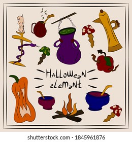 Collection of witch objects, potions, ingredients. Halloween spooky elements, cliparts, stickers. Magic kitchen utensils. Cool children's prints holiday theme. For design of cards, posters, banners