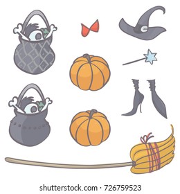 Collection of witch stuff for Halloween, isolated vector cartoon on white background